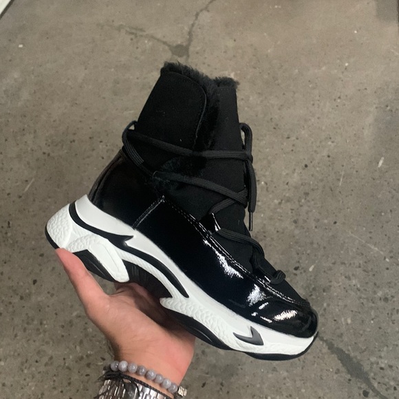 Fur Lined Thick Sole Winter High Top Sneaker in Black Faux Suede, Women’s - Picture 5 of 15